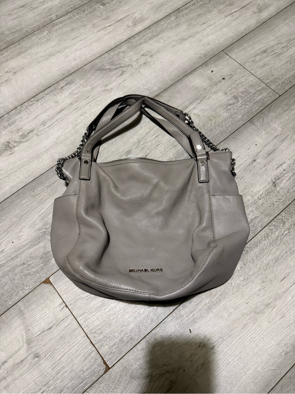Michael Kors Light Gray Pebbled Leather Shoulder Tote with Chain Accents